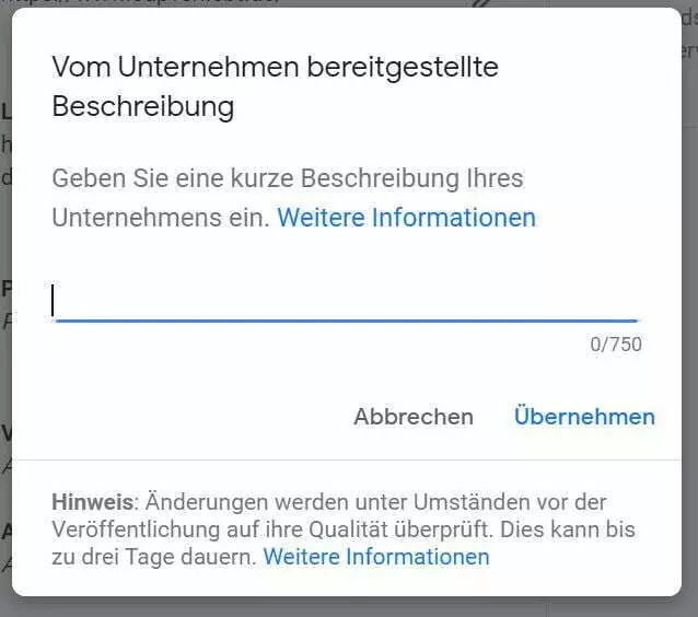 Unternehmensbeschreibung Google My Business
