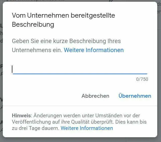 Unternehmensbeschreibung Google My Business